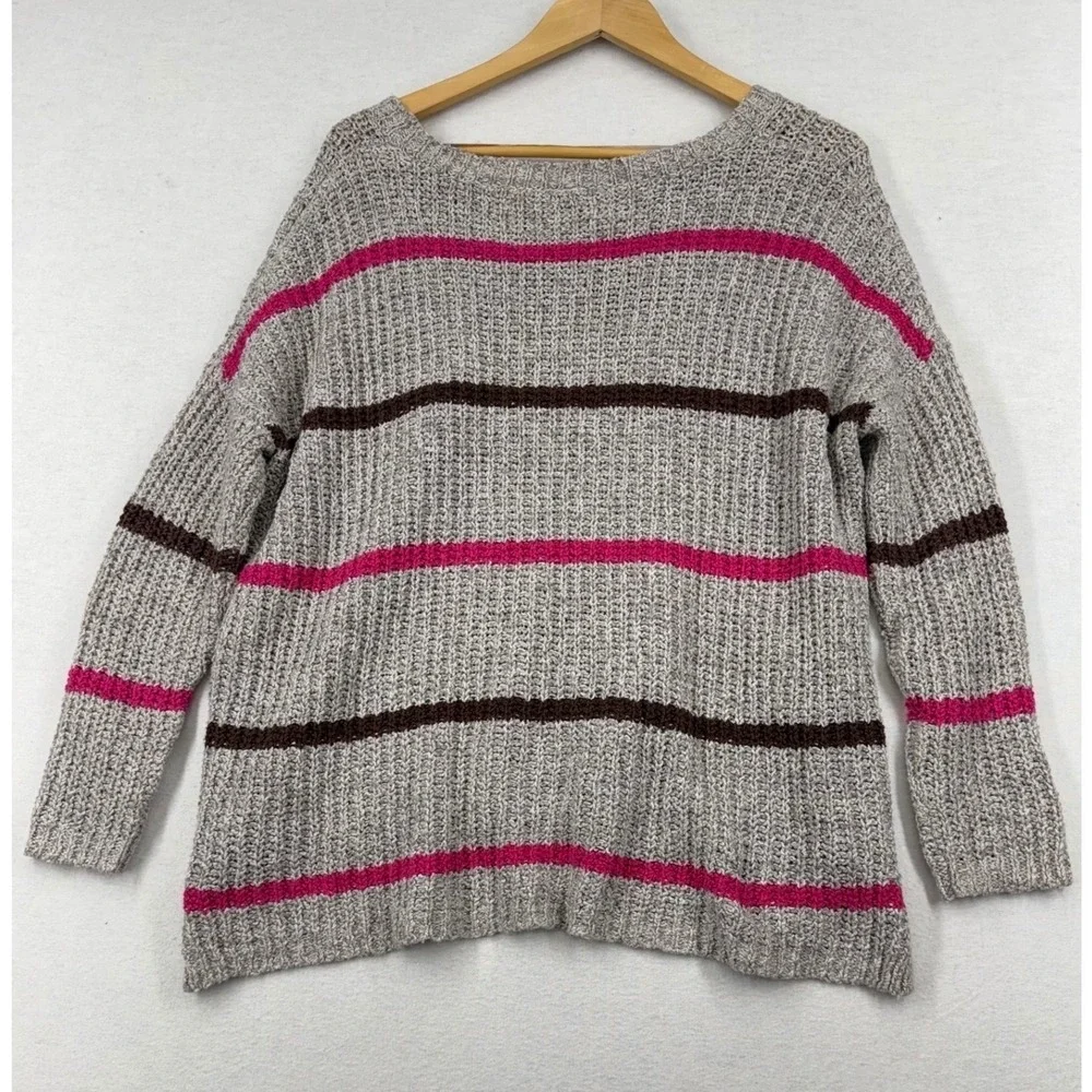 Free‎ People Striped Slouchy Knit Sweater Oversized Cotton Boho Y2K Gray Pink S